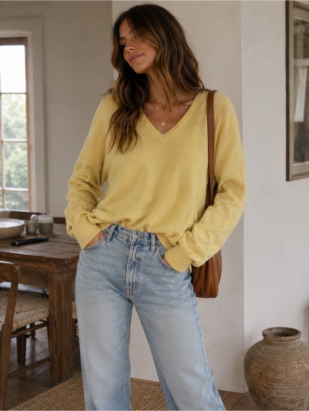 V-Neck 100% cashmere Lightweight Yellow Sweater for Women